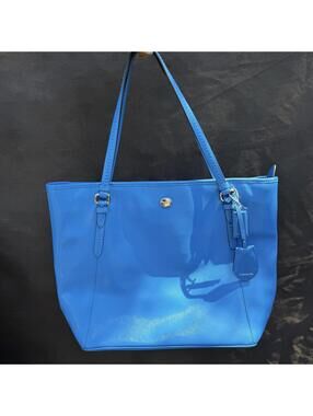 Coach Peyton Leather Zip Top Tote Bag Azure Blue Saffiano F27349 Shoulder Bag